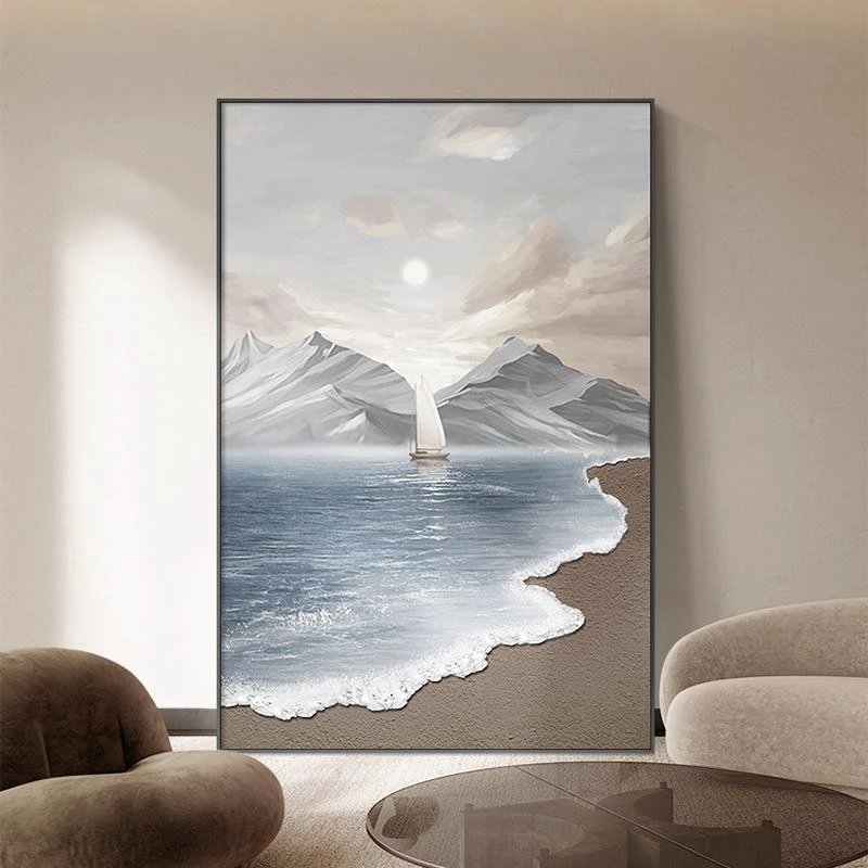 海滩肌理画客厅落地装饰画侘寂风沙发背景墙挂画现代简约玄关壁画
