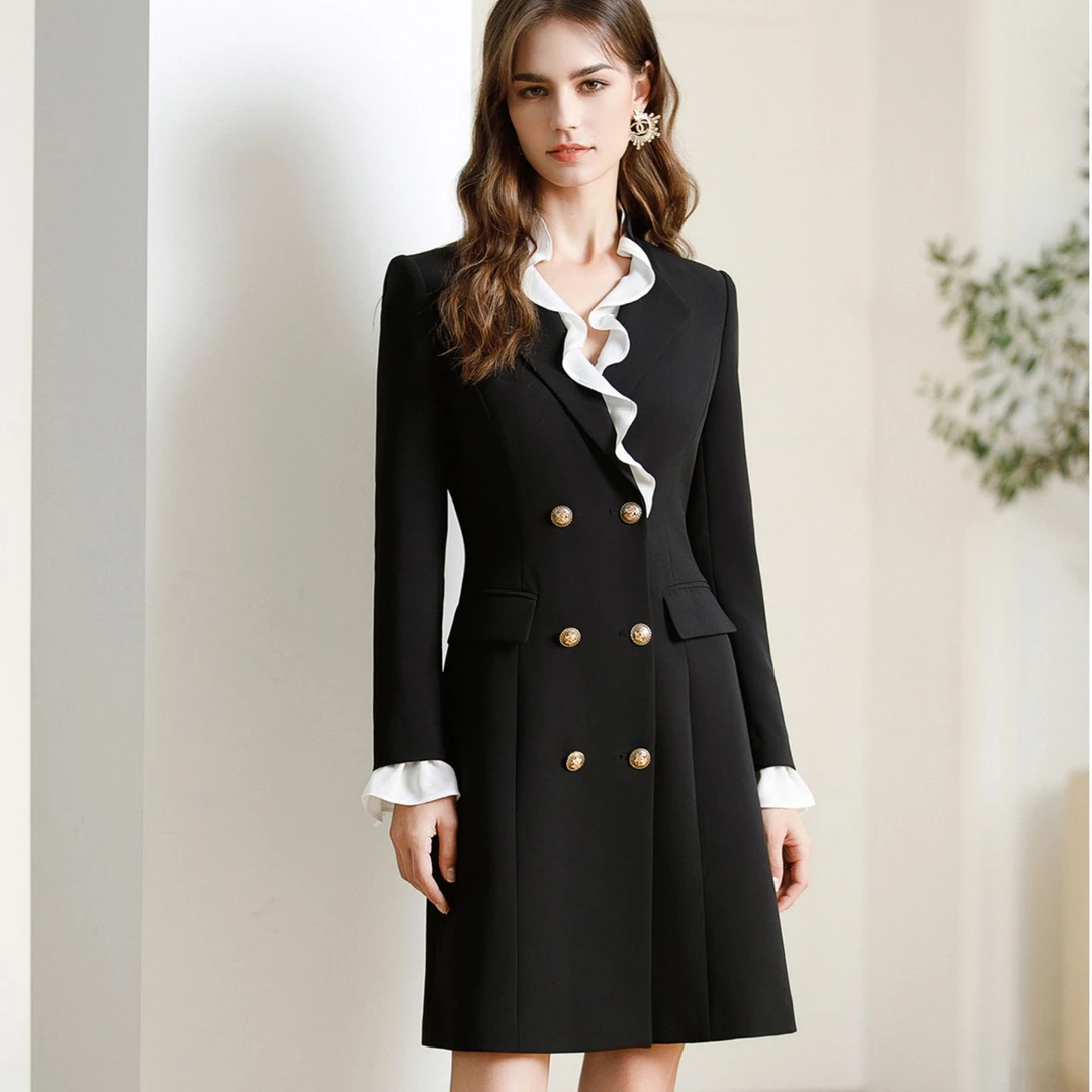 Q1070法式拼接荷叶边西装连衣裙女2024春装新款气质黑色职业裙A