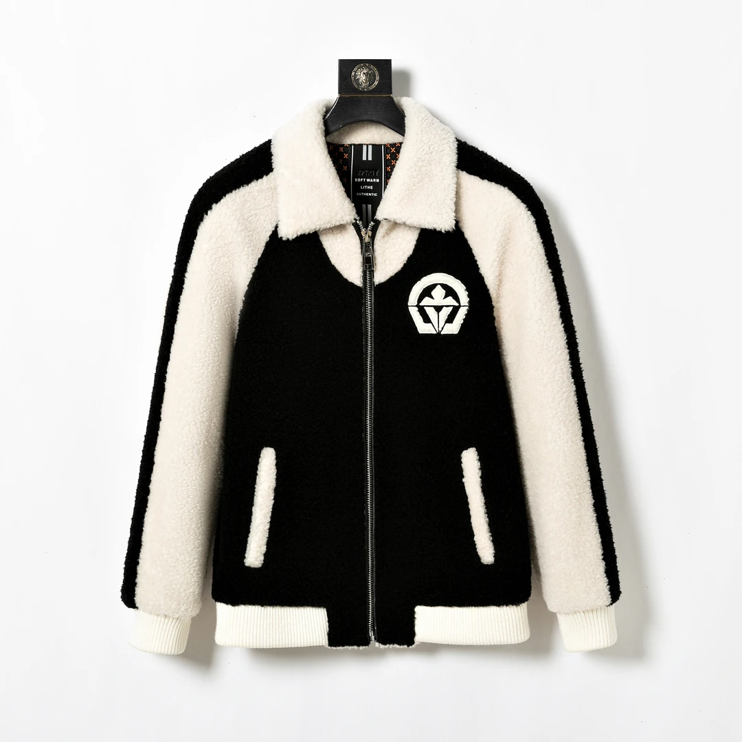 冬季针缝几何图案提花收口袖夹克外套立领撞色休闲男士保暖翻领