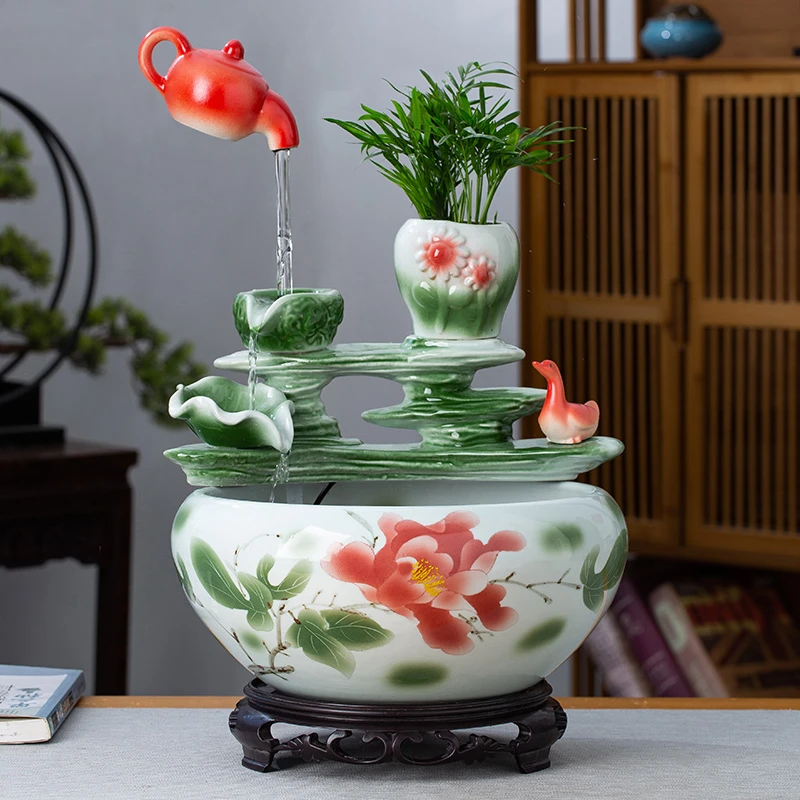 景德镇流水摆件自动循环加湿养鱼手工雕刻适合客厅酒店收银台礼品
