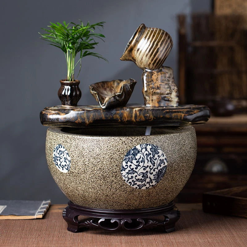 景德镇新中式手工高温陶瓷流水鱼缸摆件循环自带氧气送礼乔迁佳品