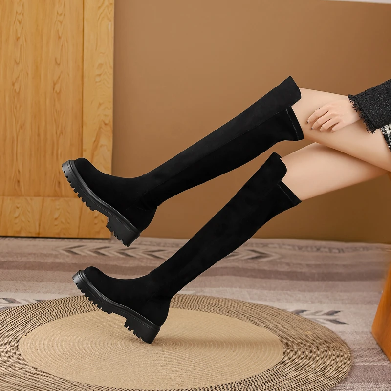 阿么手工女鞋新款过膝长靴女显瘦厚底6CM高筒靴子秋冬时尚长筒靴