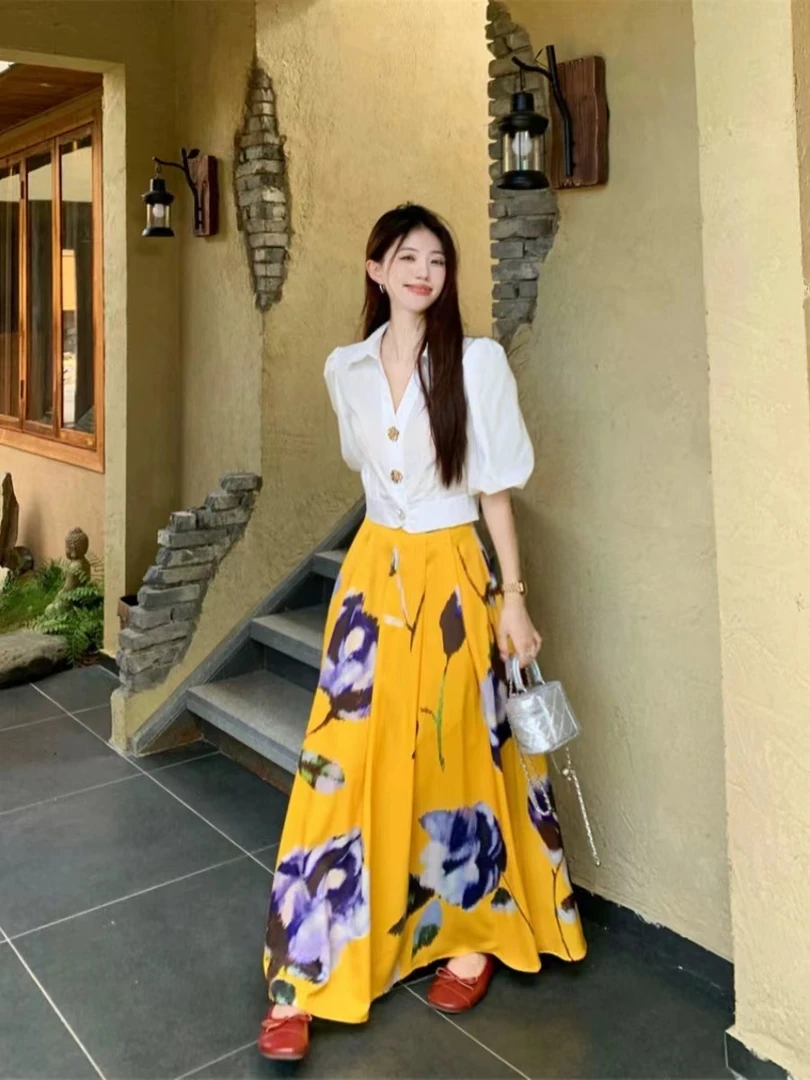 【倾盈】2024新款法式复古时尚显瘦泡泡袖衬衫半裙套装.K406014c