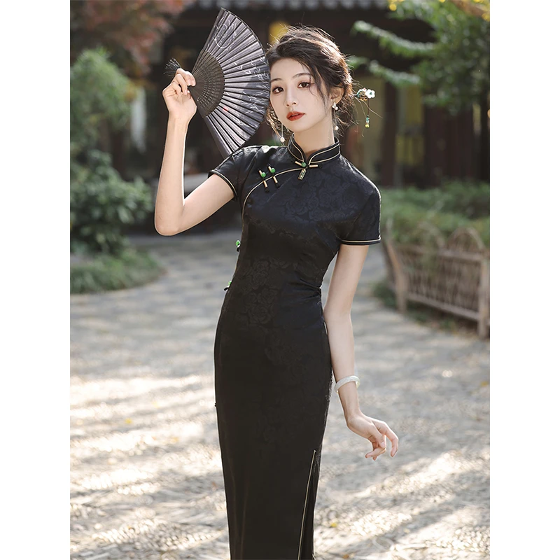 黑色旗袍 复古民国风2024春夏季改良版年轻款日常修身显瘦提气质