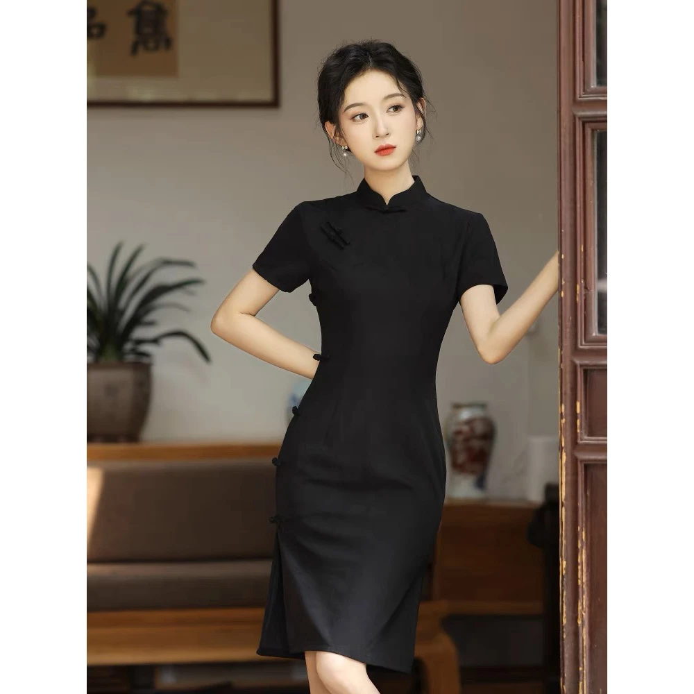 短款旗袍 新中式黑色简约大气修身显瘦日常小个子年轻款改良版