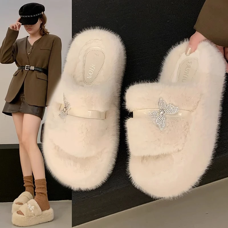 网红蝴蝶水钻毛毛拖鞋女秋冬2024新款韩版厚底一字棉拖外穿毛毛鞋