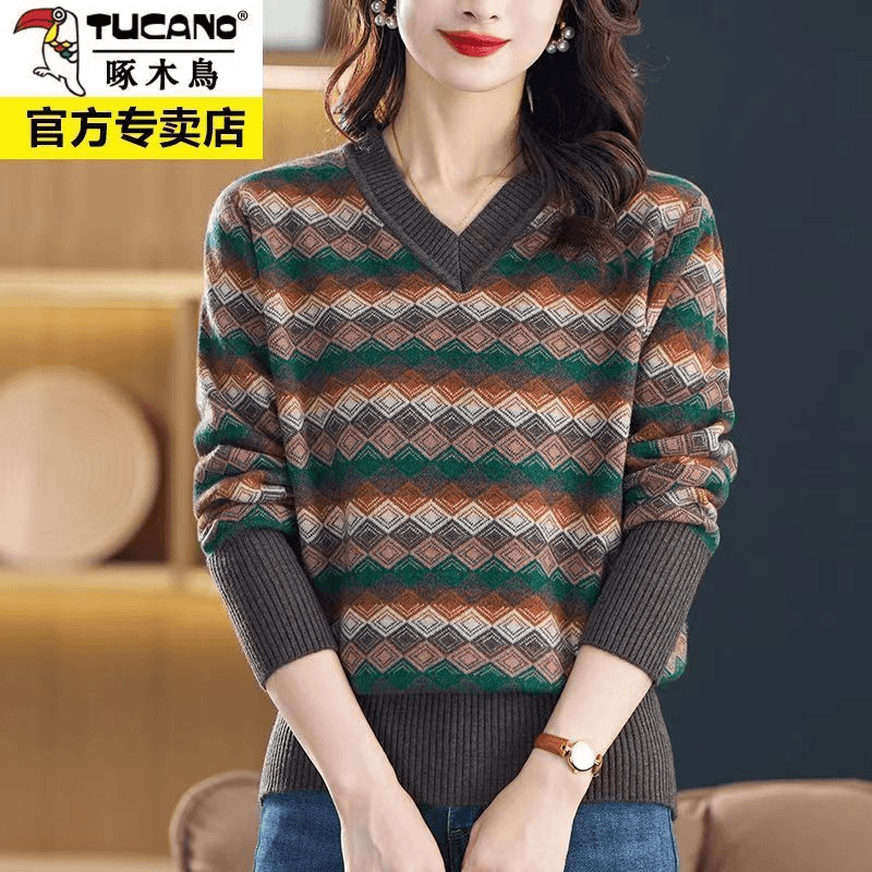 啄木鸟V领毛衣针织衫女春秋新款韩版宽松外穿百搭洋气显瘦打底衫