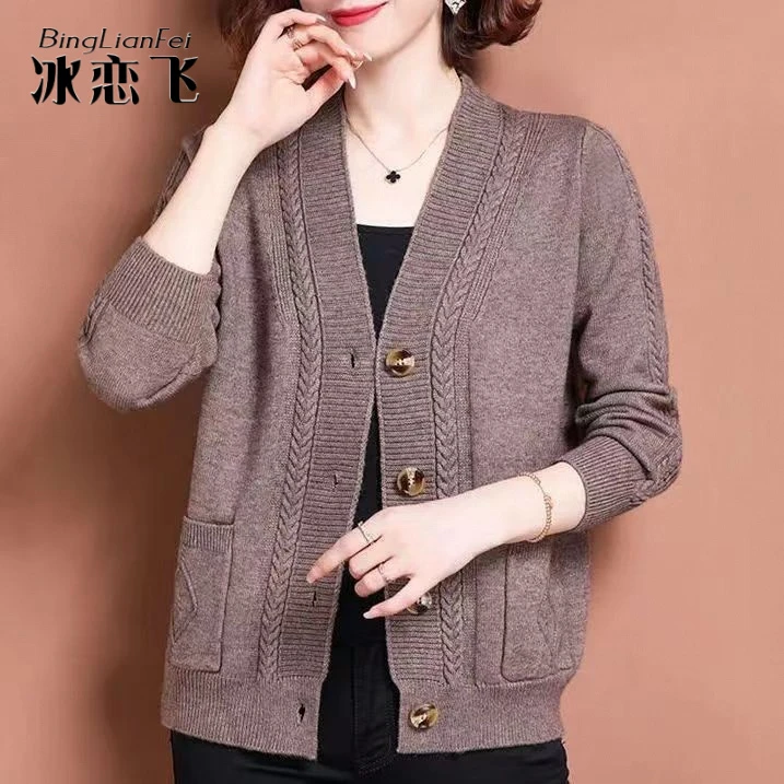 冰恋飞针织开衫女短款洋气中年妈妈秋冬新款外搭时尚毛衣外套宽松