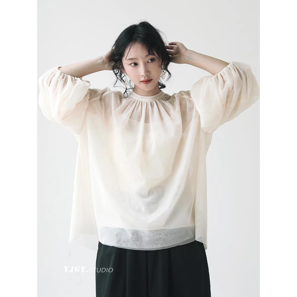 印计谷羽 网纱衬衫女夏高级感法式轻薄透气上衣日系文艺衬衣F603