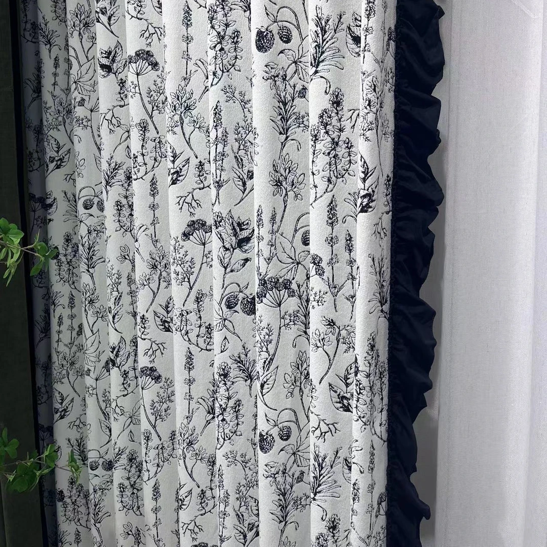 二小姐【法式黑白花布复古风】中古风 原木风 意式极简 窗帘