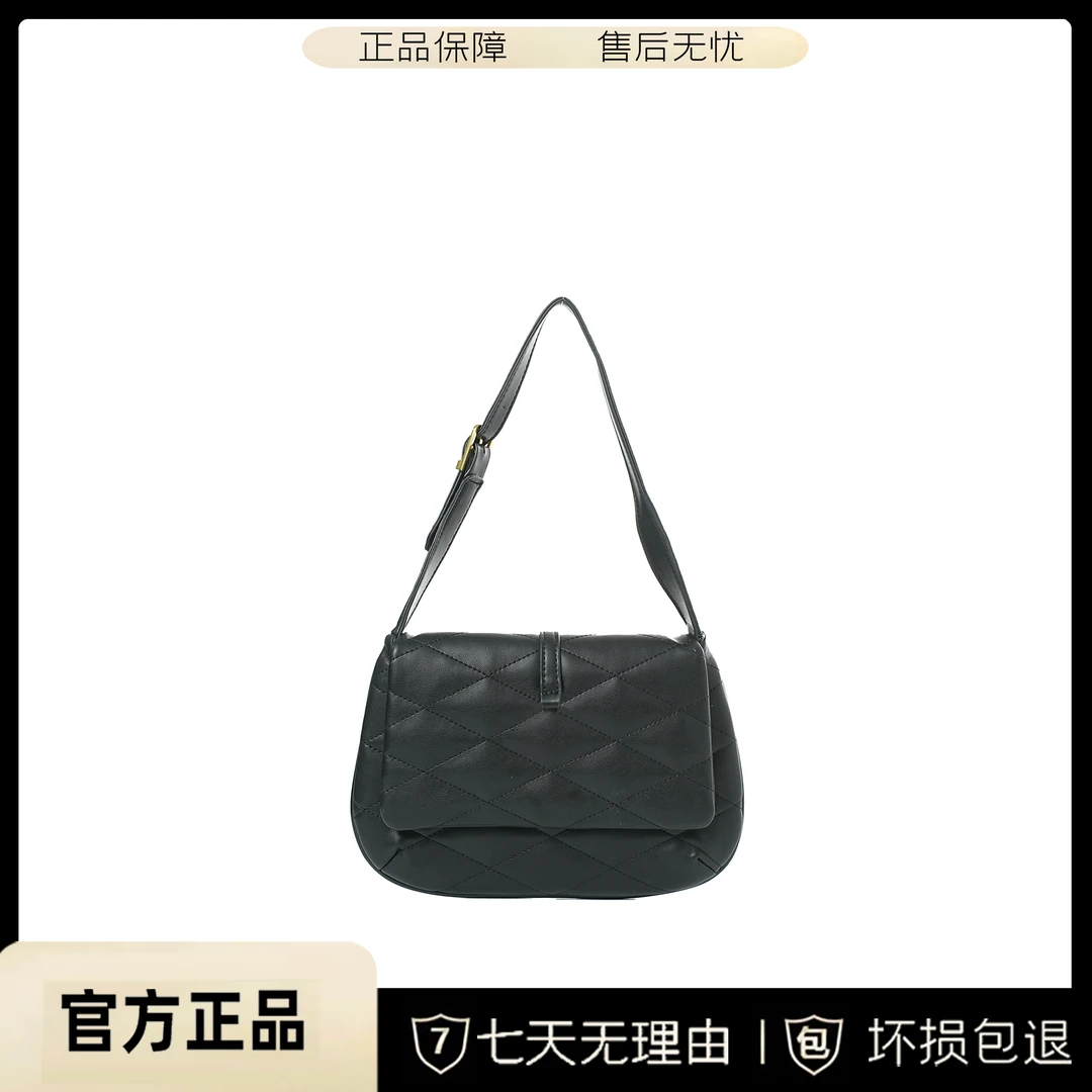 BV&BP新款头层牛皮菱格经典百搭单肩腋下女包BV006-黑色