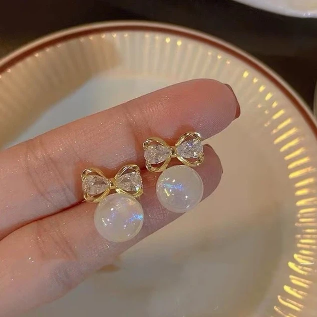 铜合金耳饰 超仙人鱼姬珠珠蝴蝶结精致耳饰时尚法式耳钉秋冬