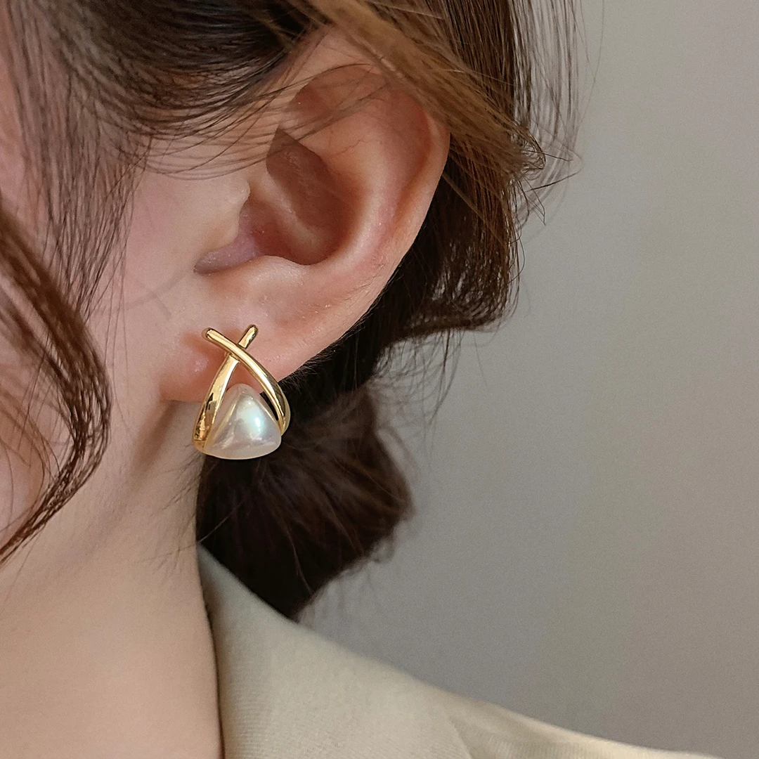 【520补贴】韩国新款小众金属交叉珠珠耳环耳钉铜合金仿珍珠耳饰