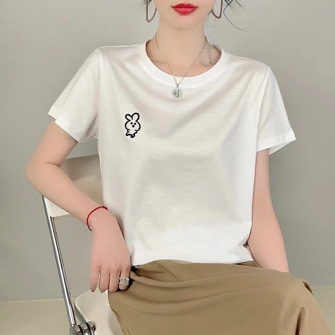 2024新款韩版高级轻奢百搭显瘦宽松圆领休想短袖村色印花Ｔ纯色