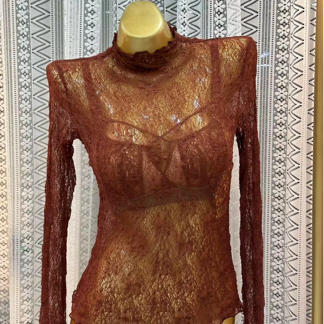 女士高领蕾丝网纱性感打底衫春秋冬气质时尚百搭2785