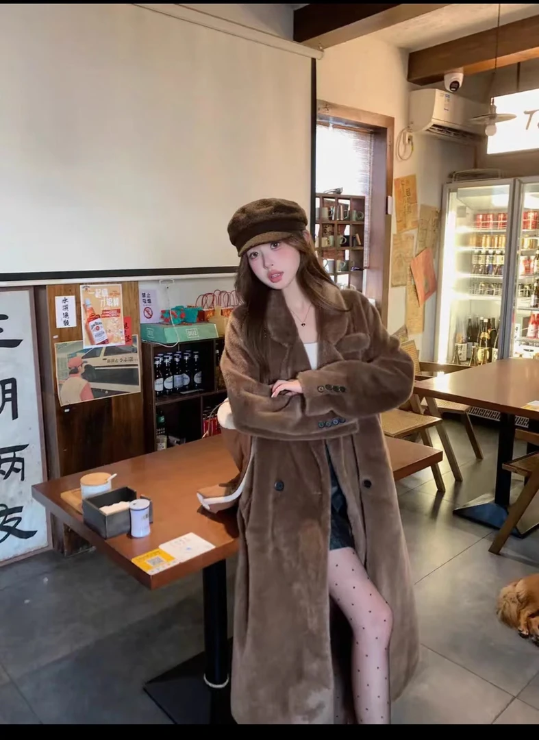 2024冬加厚长款西服领正肩皮毛一体毛毛大衣环保毛毛女外套 休闲