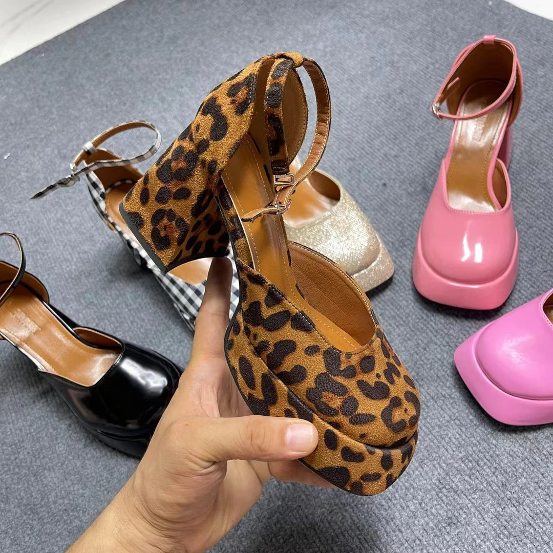 2024年新款网红版高跟女鞋女士时尚粗跟软底厚底豹纹百搭细跟