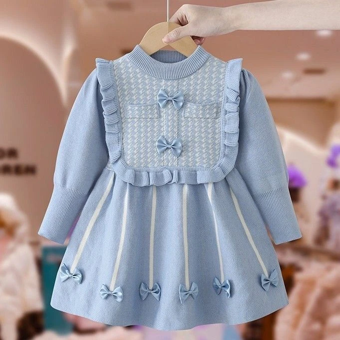 儿童连衣裙秋冬季2025新款女童针织毛衣裙女孩蝴蝶结小香风公主裙