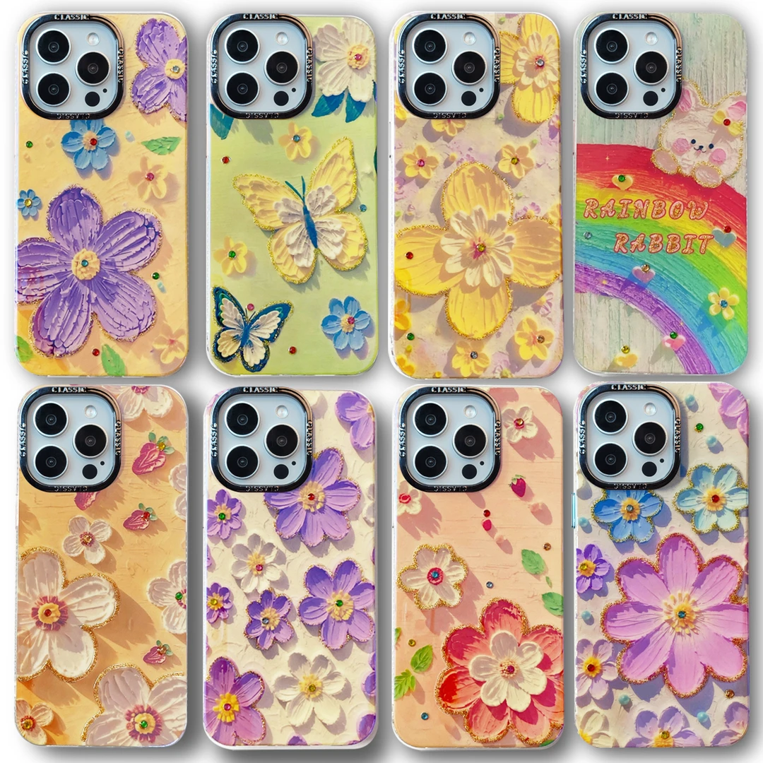 水钻彩虹油画花朵苹果15promax手机壳iPhone13/12/11带镜头膜14女