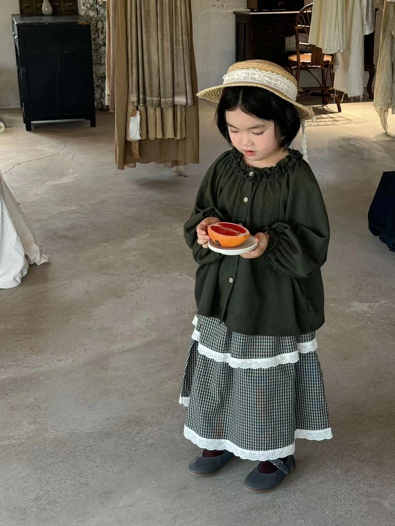 童裙2024秋季新品女童韩版可爱双层格子花边女童腰裙