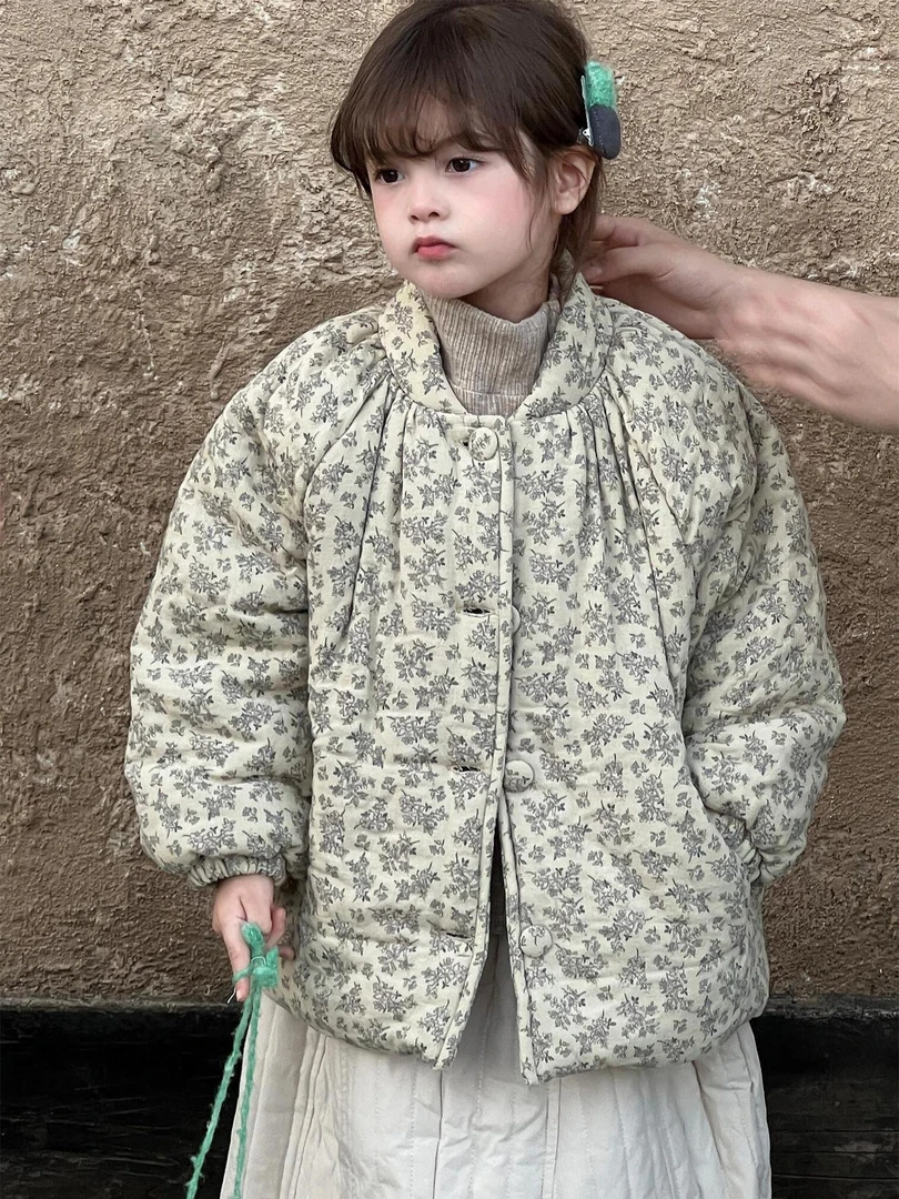 韩系童装2024冬季新款女童棉衣碎花森系复古加棉外套小棉袄套装