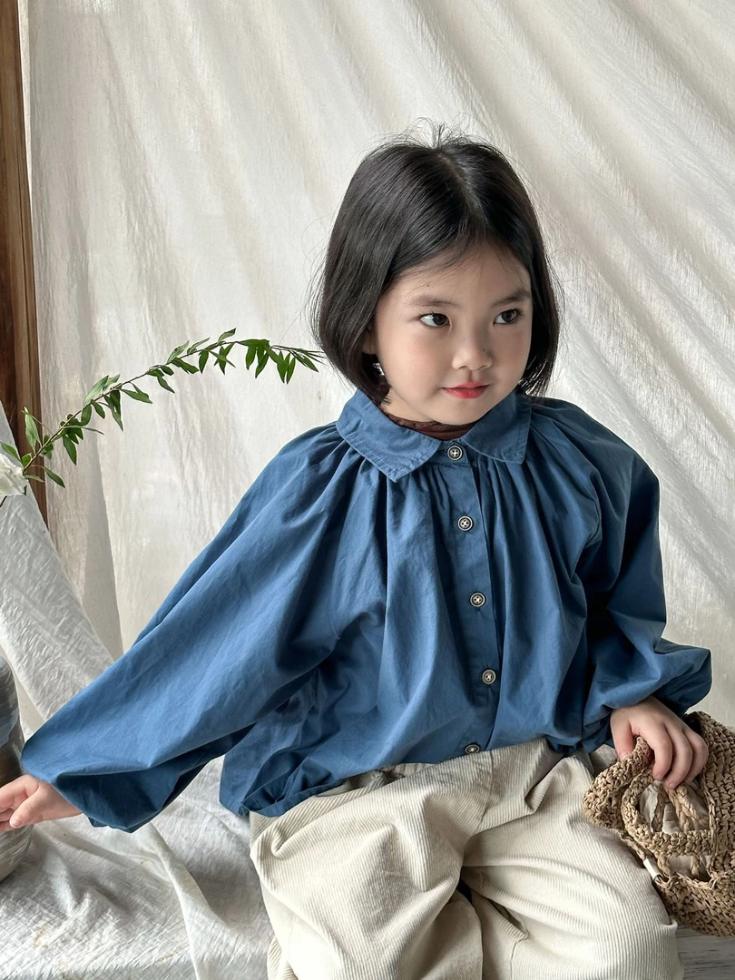 2024秋季新品韩版宽松纯色设计感翻领洋气小众女童衬衫