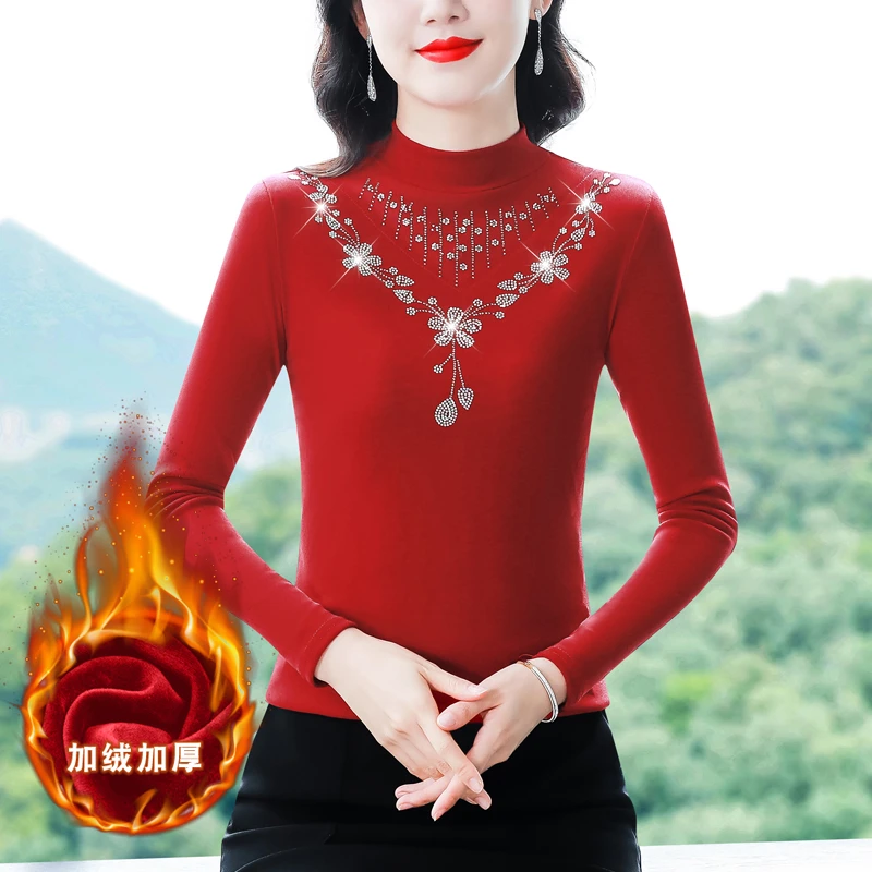 秋冬加绒加厚半高领修身显瘦保暖打底衫女时髦精致内搭上衣94053