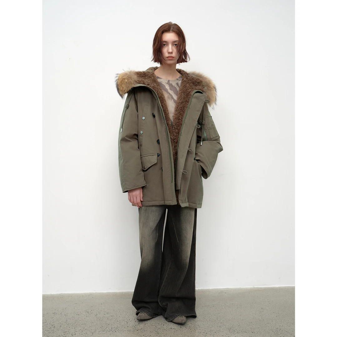 付智恩 沿海公路二代 工装风连帽貉子毛领90鸭绒羽绒派克服外套冬