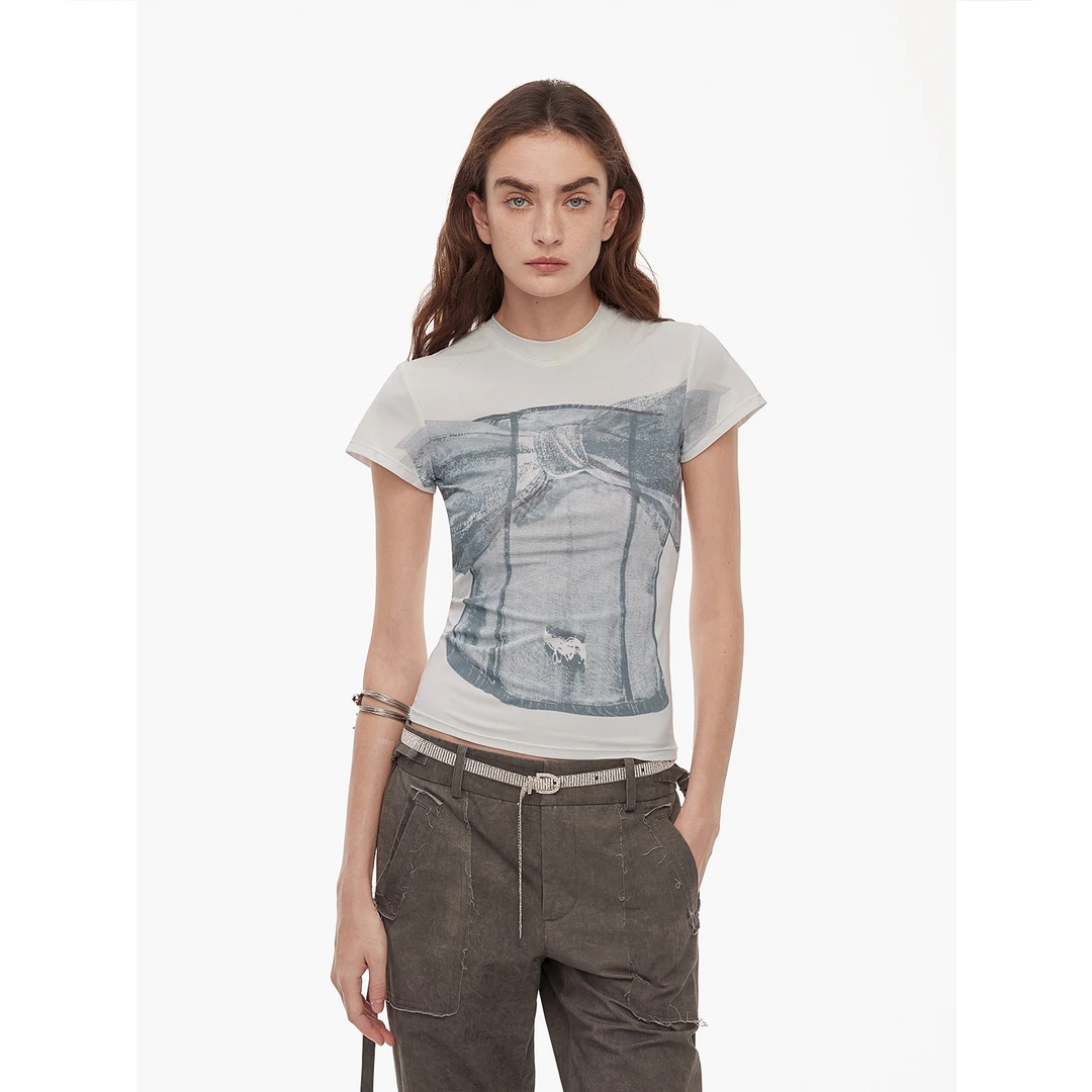 付智恩 休闲简约原创印花紧身合身微收腰圆领显瘦小飞袖短款T恤夏