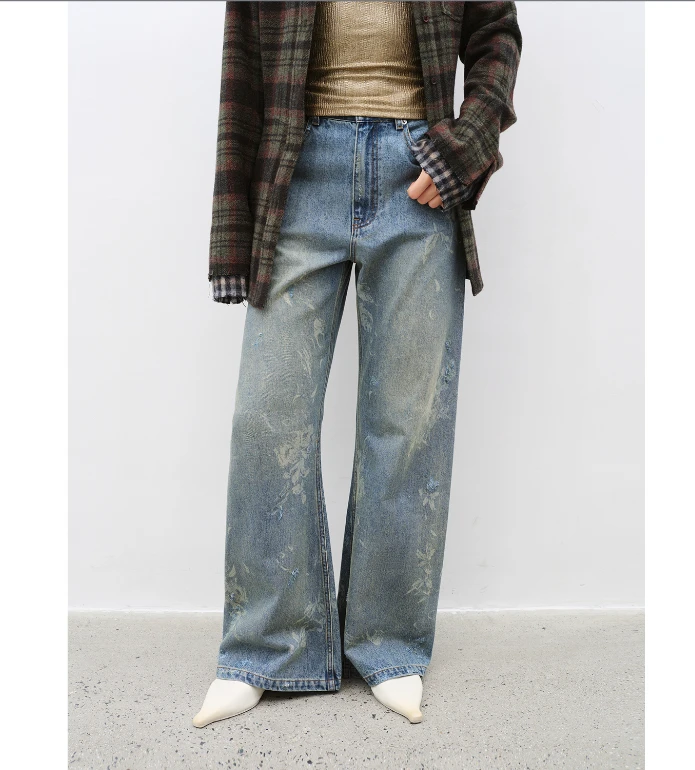 付智恩 魔力梦境 复古摩登水洗鸡爪皱牛仔裤女空间感直筒阔腿裤子