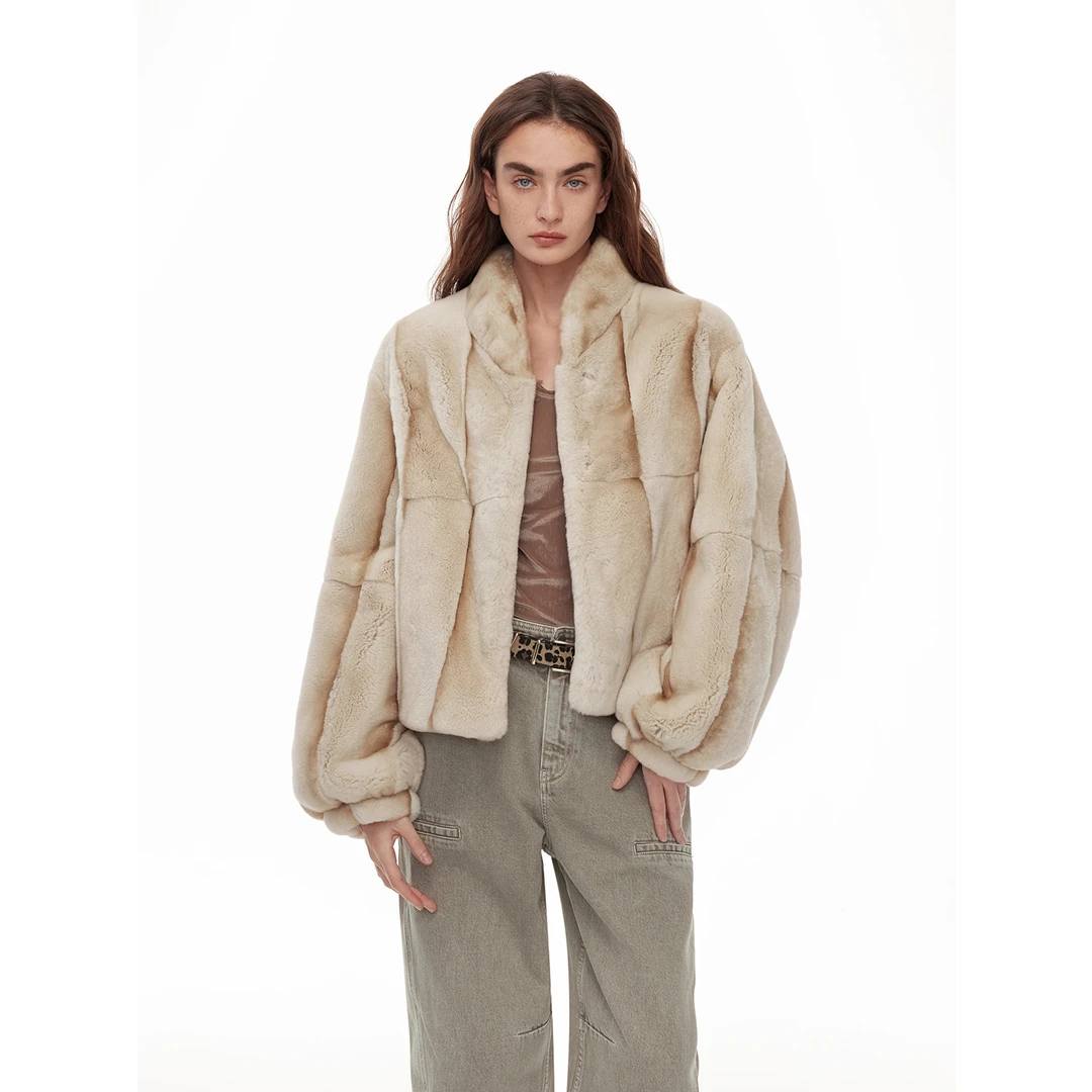 付智恩 冬韵独奏 休闲立领落肩灯笼袖短款兔毛