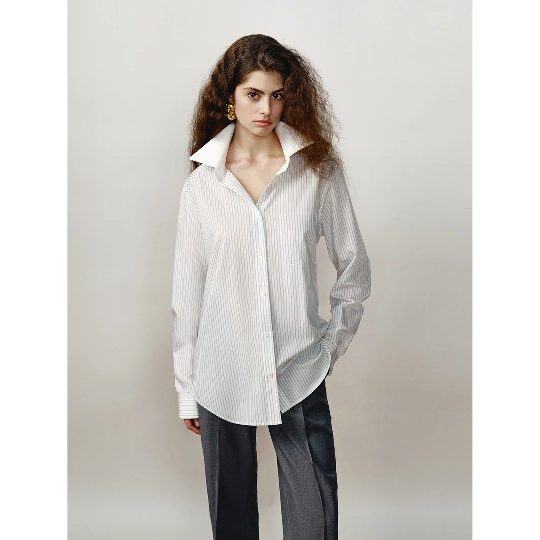 【FF×JW联名 戈恩条纹】随性休闲显瘦设计翻领撞色经典条纹衬衫