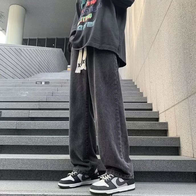 复古黑色牛仔裤男秋季新款高街vibe裤子潮牌设计感抽绳拖地阔腿裤