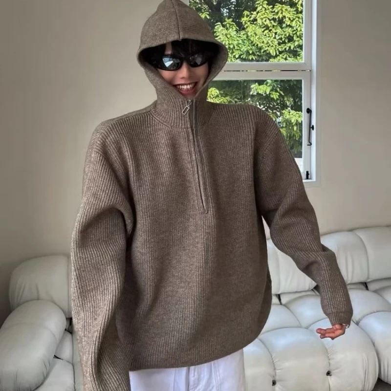 秋季半拉链连帽毛衣男女宽松韩版休闲百搭针织衫外套ins潮流新款