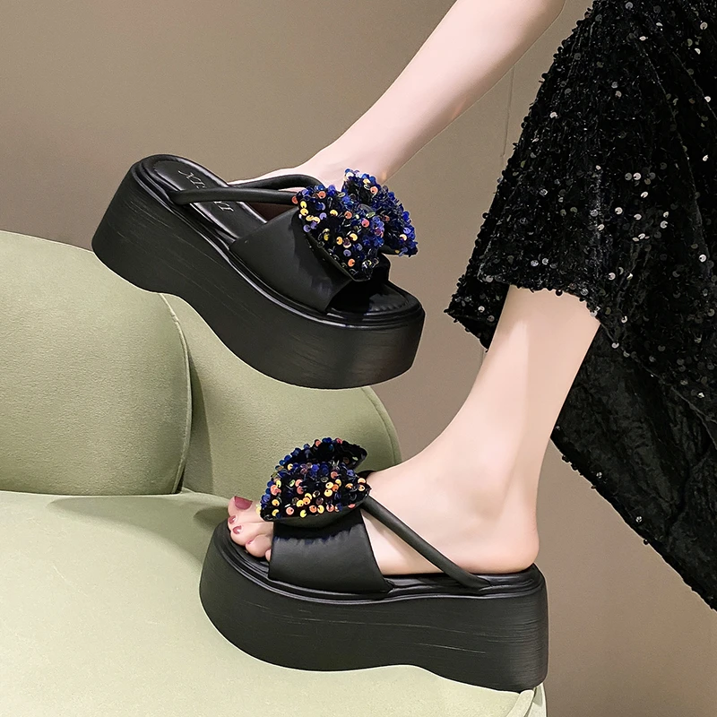 超厚底高级感蝴蝶结拖鞋女夏季2024新款亮片时尚百搭气质增高凉拖