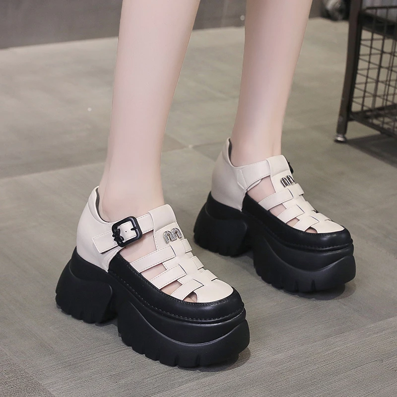 包头罗马凉鞋女款2024新款夏季镂空厚底猪笼鞋编织运动内增高女鞋