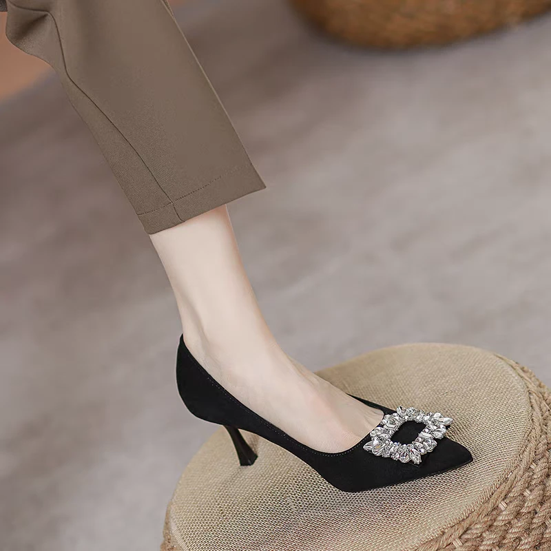 水钻高跟鞋女细跟2024新款时尚浅口尖头单鞋黑色软底不累脚工作鞋