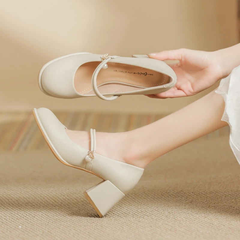 法式玛丽珍2023年夏季新款女鞋仙女晚晚风一字带粗跟高跟鞋小皮鞋