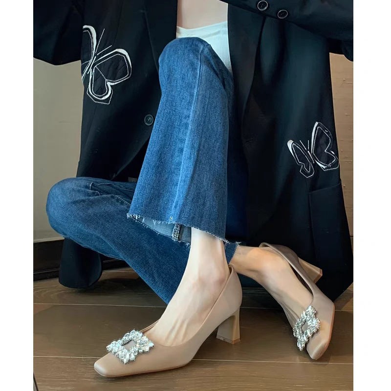 水钻方扣方头单鞋女方跟绸缎面粗跟高跟鞋不累脚婚鞋禾秀婚纱两穿