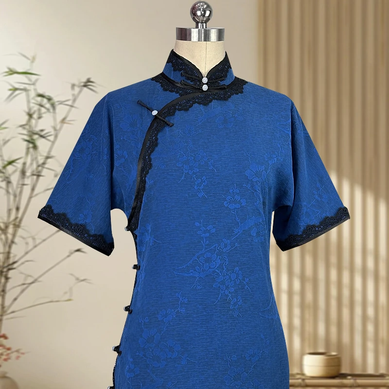 蓝梅旧梦 玲珑娇高端旗袍桑蚕丝香云纱手工古法平裁全开襟复古