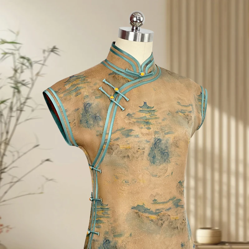 云梦阁 玲珑娇旗袍2024新款桑蚕丝手工全开襟一片式夏季日常显瘦