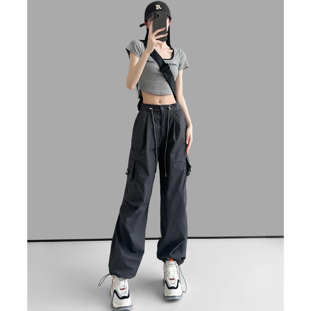 动感少女美式速干工装裤夏高腰显瘦宽松阔腿裤百搭束脚运动休闲裤