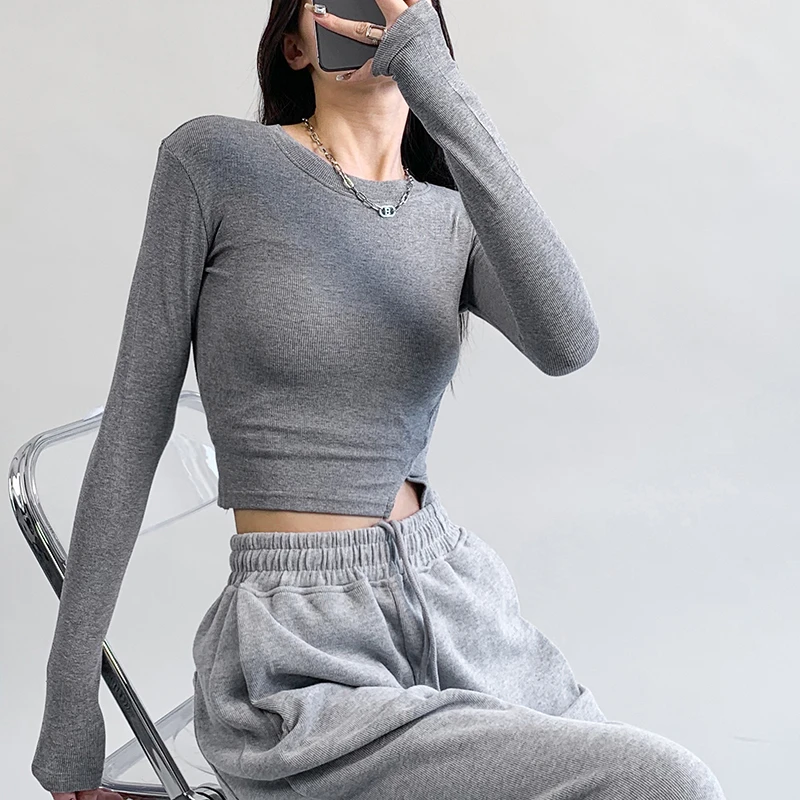 动感少女《螺纹开叉》欧美长袖T恤女2023春新款性感显瘦打底衫上衣