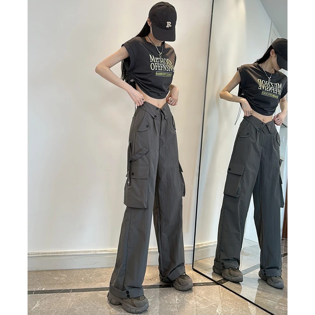 动感少女美式冰丝速干工装裤夏季高腰宽松嘻哈ins潮流休闲运动裤