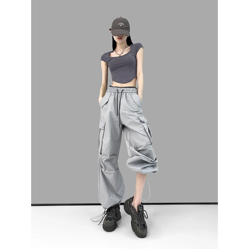 动感少女《高腰抽绳》设计感系带多口袋工装裤甜酷辣妹休闲拖地长裤