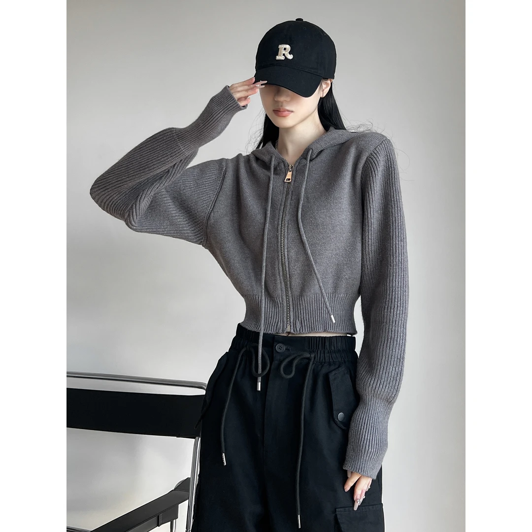 动感少女美式辣妹连帽双拉链针织开衫2023秋冬修身短款毛衣外套