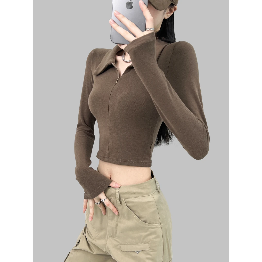 动感少女辣妹欧美风INS博主款翻领半拉链修身长袖打底衫高腰上衣