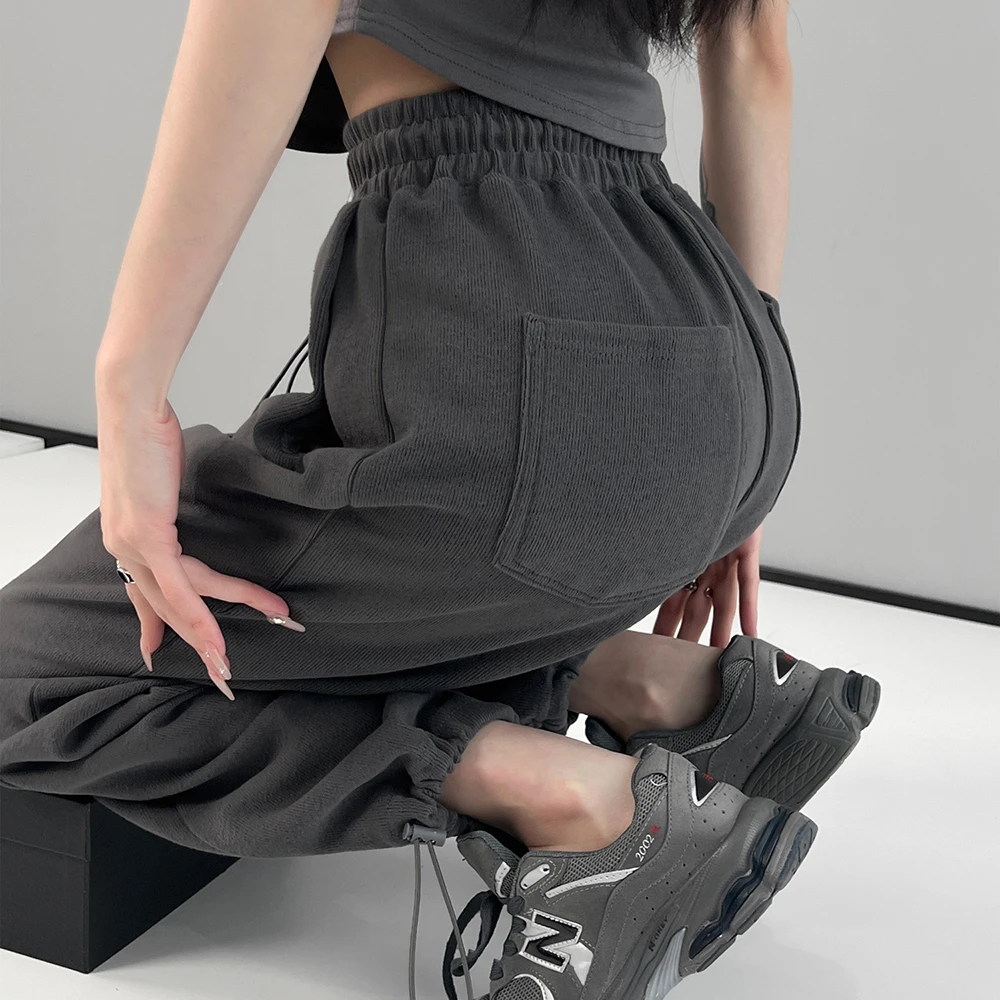 动感少女灰色运动裤子女2024秋季外穿宽松阔腿高腰直筒百搭卫裤子