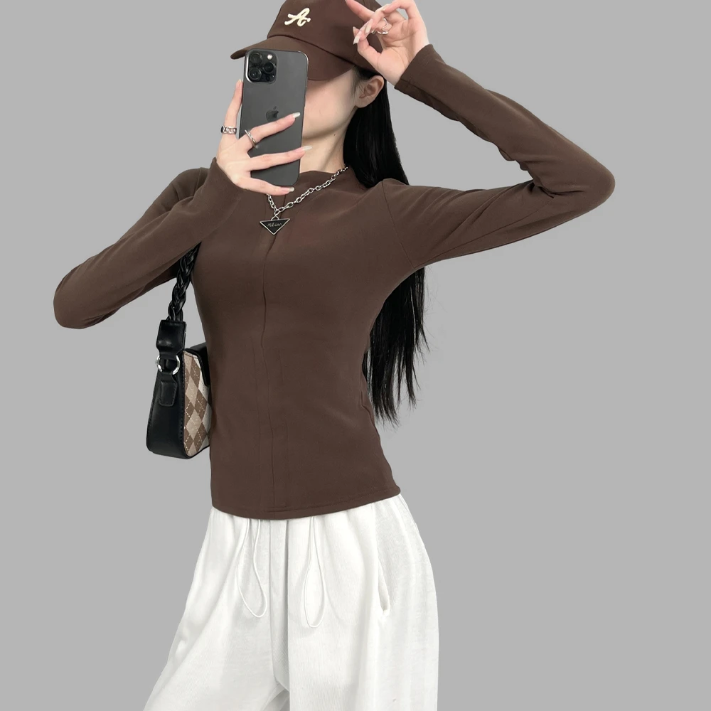 动感少女《半拉链弹力》欧美ins长袖上衣女2023春季修身纯色打底衫