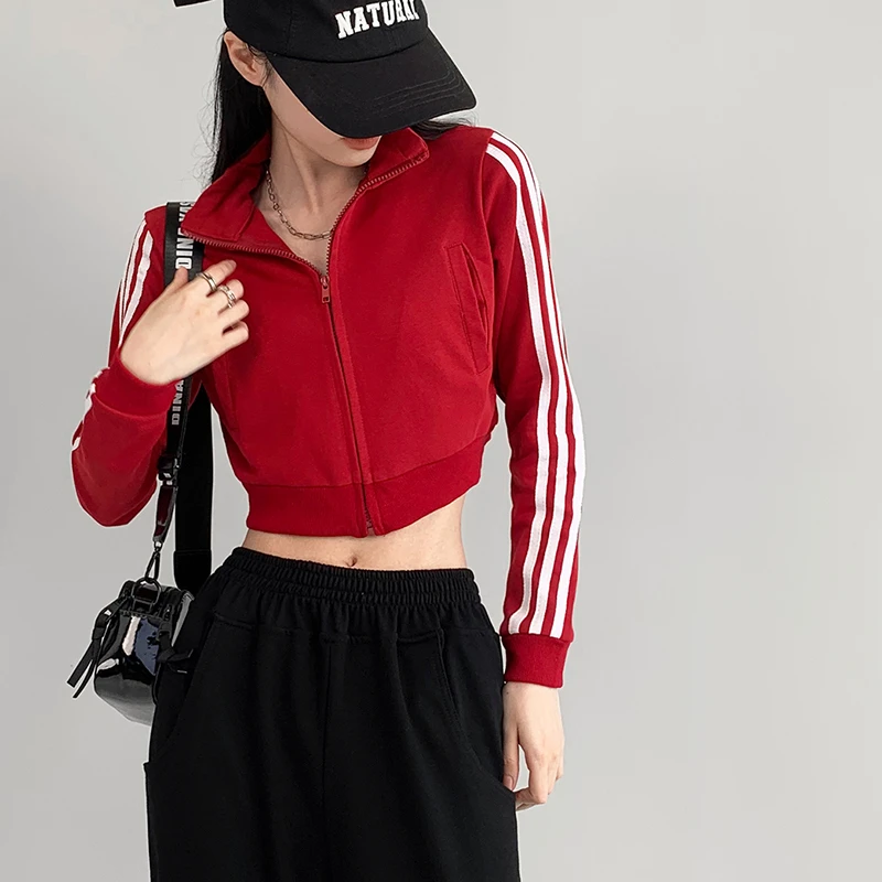 动感少女《条纹三杠》短款立领卫衣外套女2023春季美式休闲运动上衣